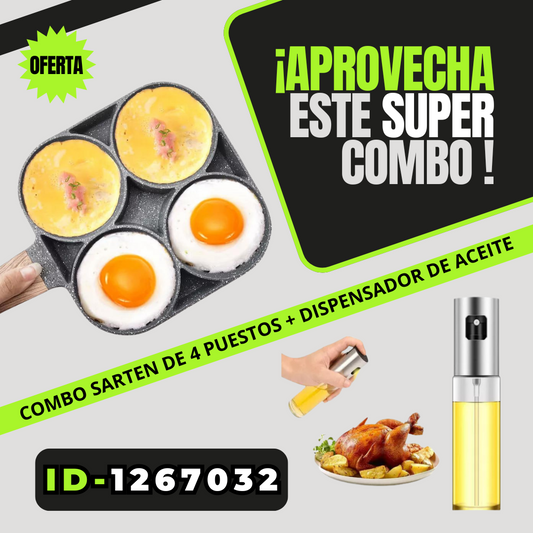 Combo sartén 4 puestos con dispensador rociador de aceite